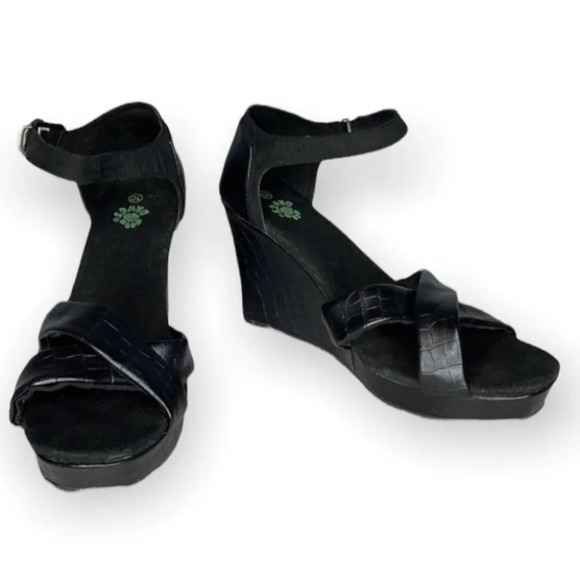 DAWGS Crossover Platform Wedges Black Crocodile Effect Open Toe Summer Size 10 - Picture 2 of 11